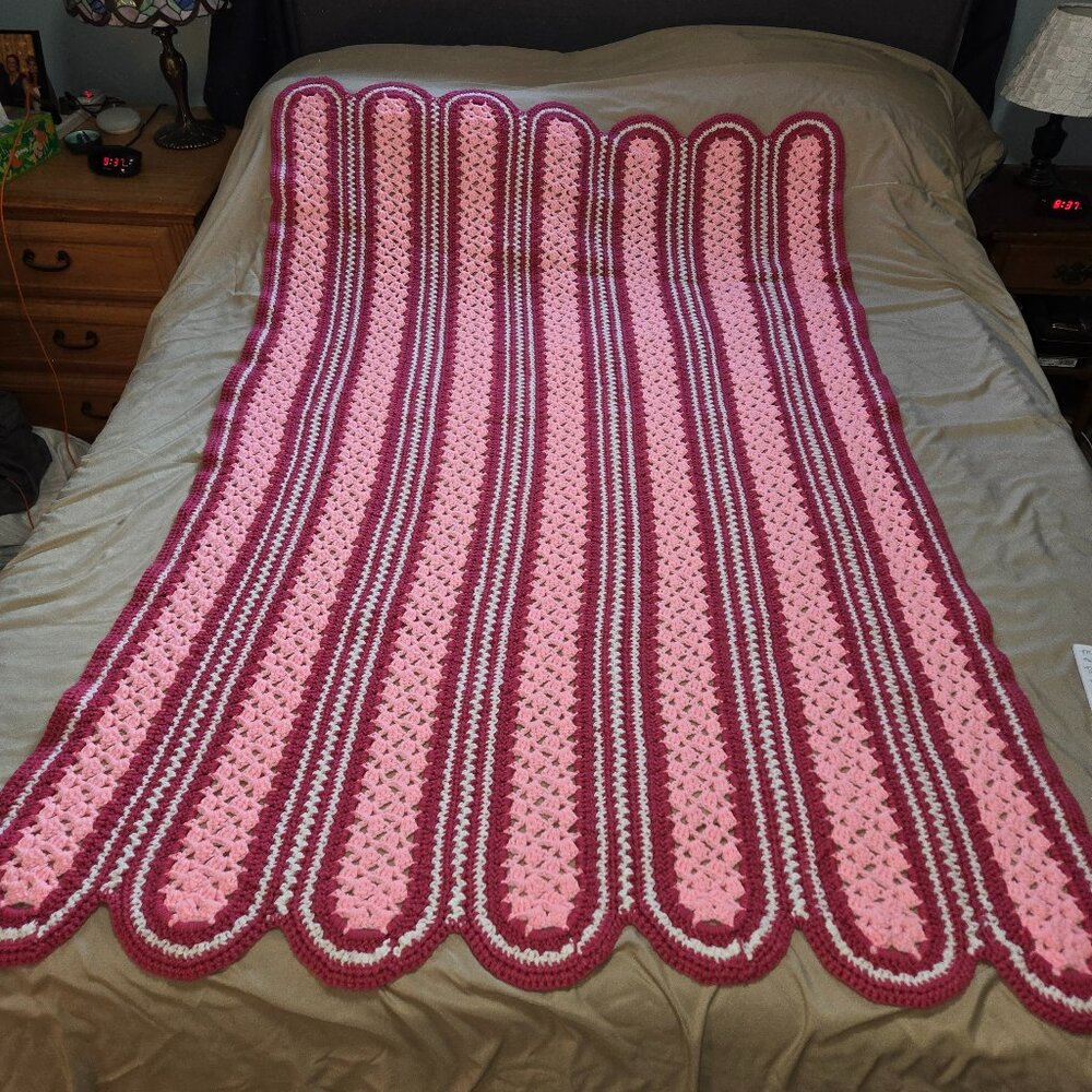 Handmade knitted lap blanket, sofa throw, 65" Long x 42" Wide, Pink/White